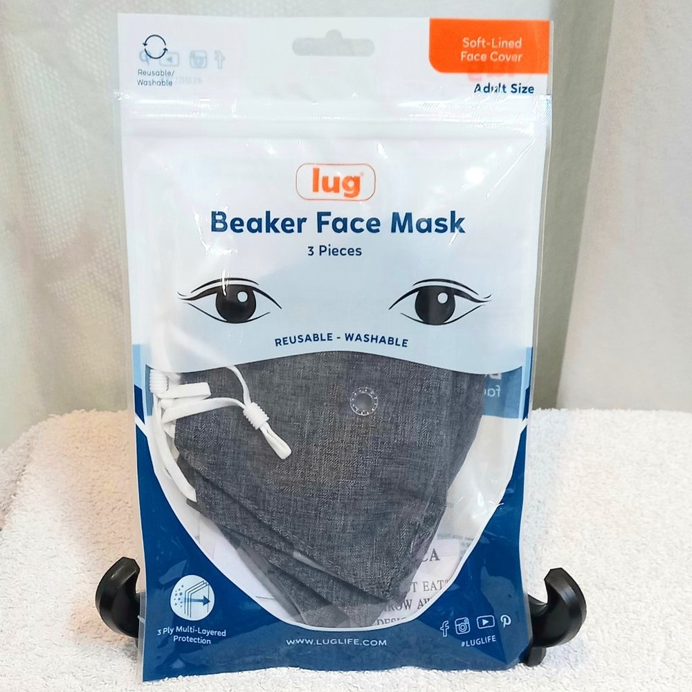 LUG Beaker Face Mask 3pk Soft-Lined Face Cover - Adult Size - Heather Grey - NEW